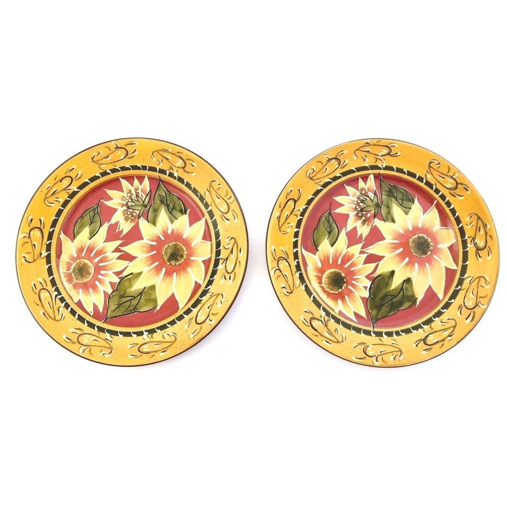 Pier 1 Sunflower Flowers Terracotta Floral Yellow Red Set of 2 Salad Plates
